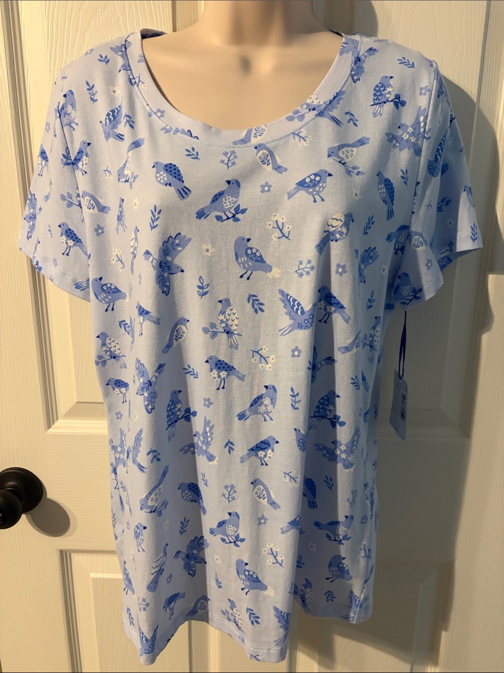 NWT Sleep Sense  Blue Bird-Print Scoop Neck Short Sleeve PJ Lounge Top Size S